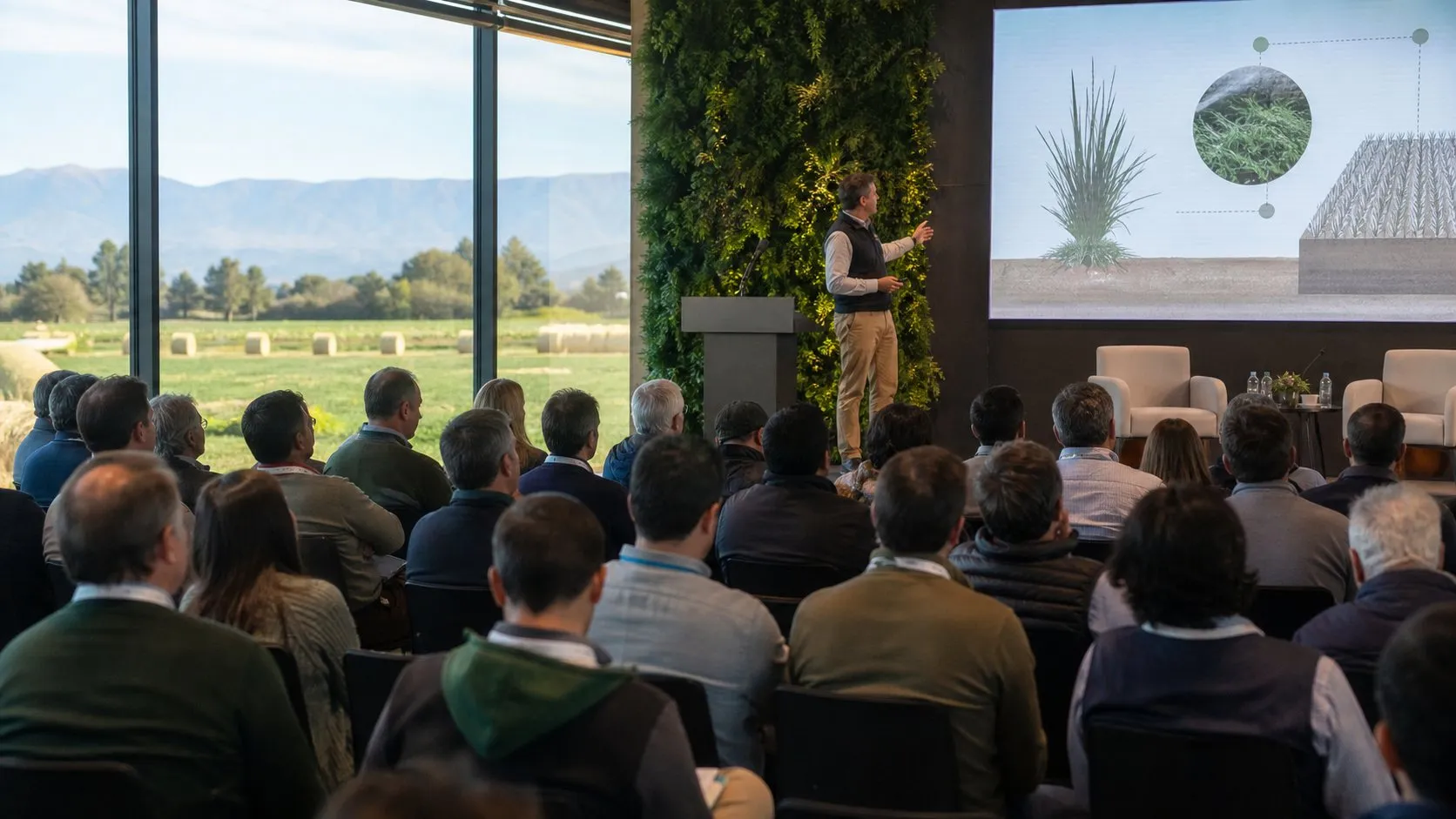 Asistentes siguen una conferencia técnica sobre producción de forrajes frente a un paisaje agrícola.