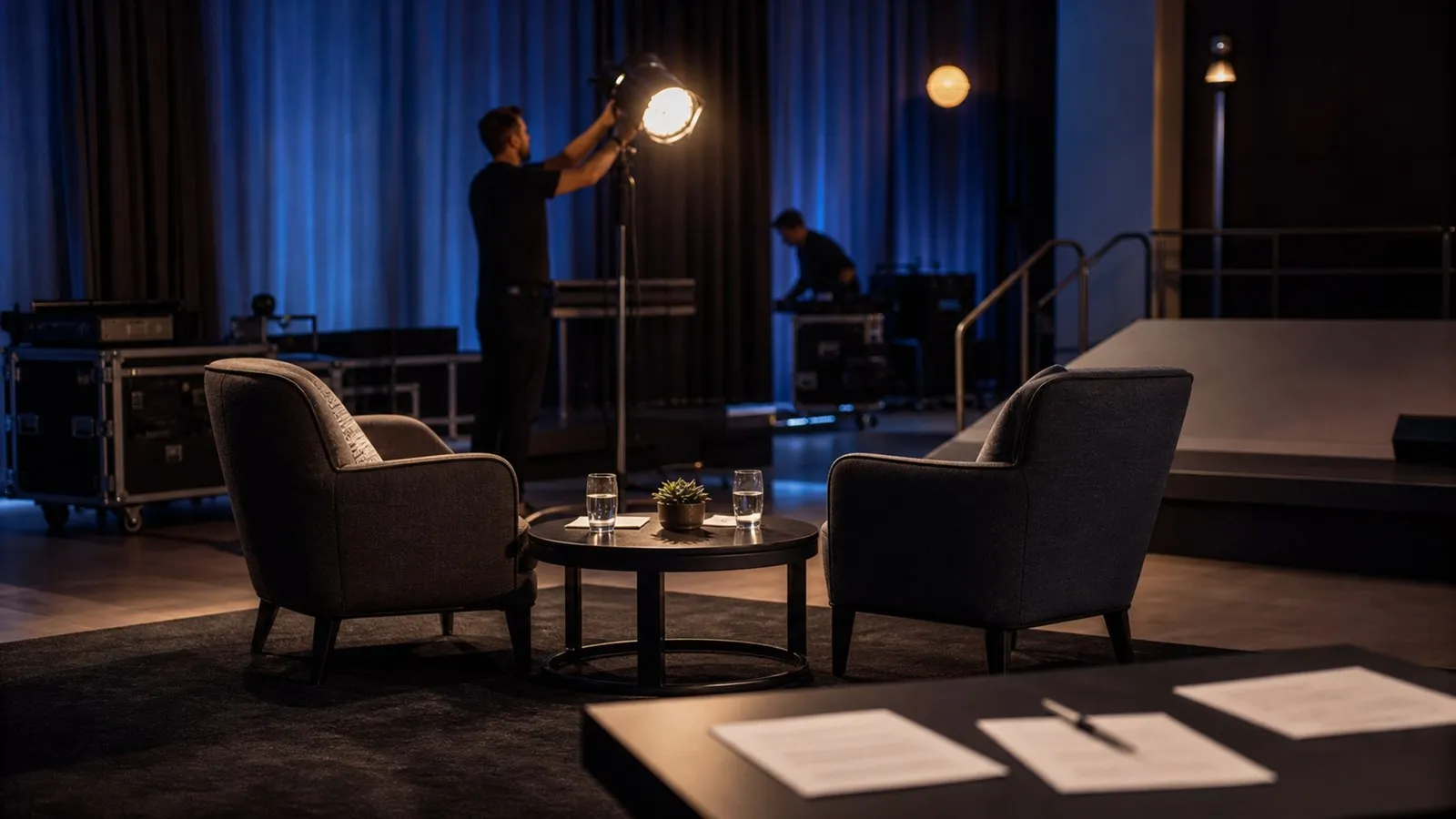 Dos sillones preparados para una conversación y un técnico ajustando luces antes de un evento corporativo.