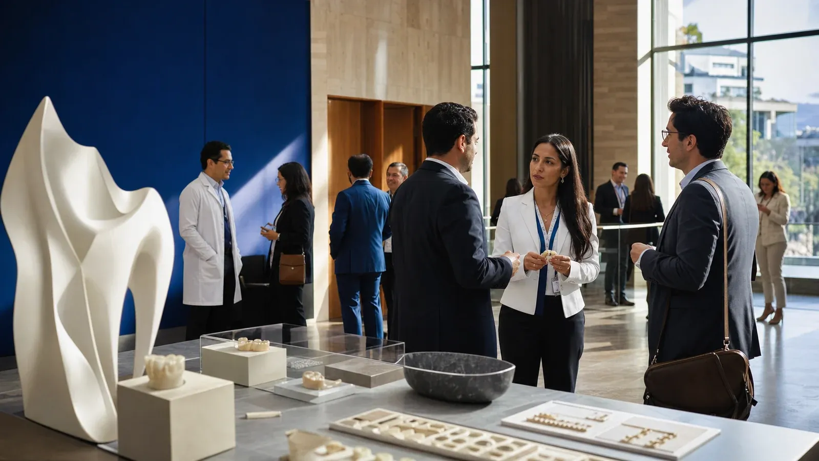Profesionales de odontología conversan junto a una exhibición de materiales dentales en un congreso