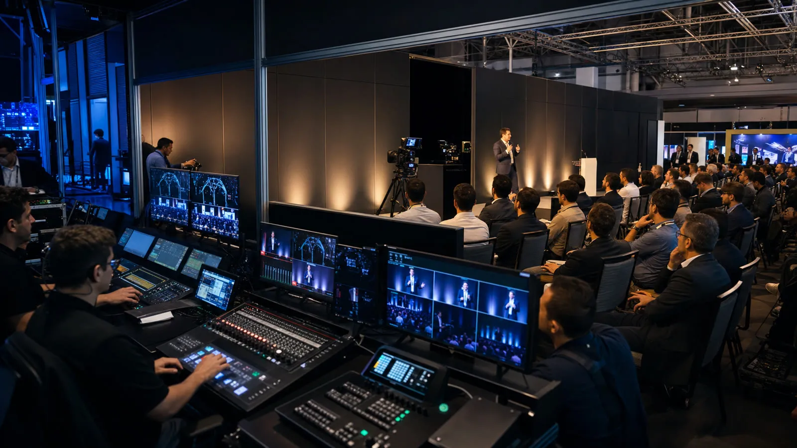 Profesionales operan una sala de control audiovisual mientras un auditorio sigue una presentación técnica.