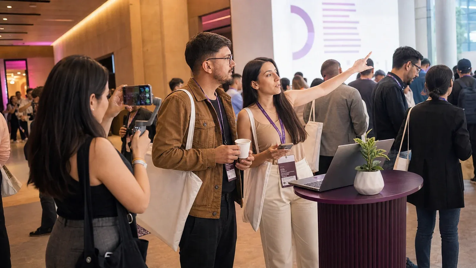 Asistentes conversan y crean contenido en el foyer de una conferencia de marketing digital