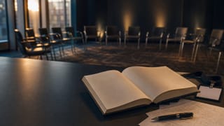 Libro abierto y materiales de agenda sobre una mesa frente a una sala de conferencia dispuesta en círculo