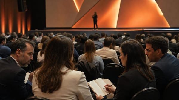 Asistentes toman notas durante una conferencia de gestión de personas en un auditorio corporativo.