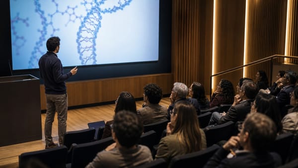 Investigador presenta una explicación de genética molecular ante una audiencia en un auditorio científico.