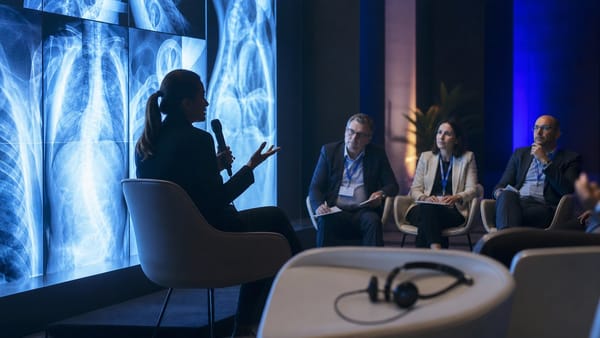 Especialista modera una conversación técnica de radiología ante un panel profesional.