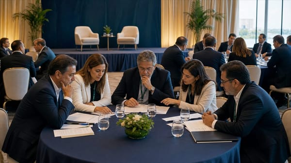 Ejecutivos analizan una agenda durante una mesa de trabajo en una convención financiera.