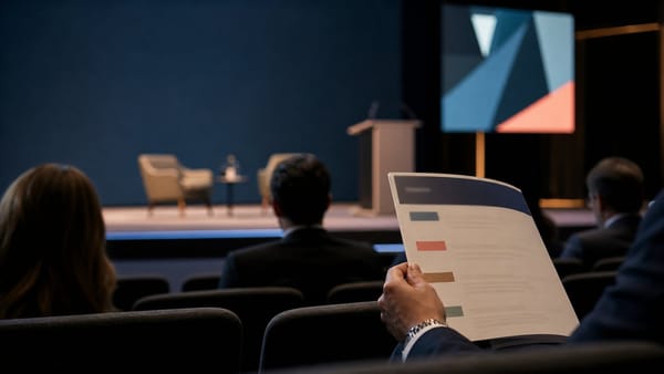 Asistente revisando un programa de conferencia frente a un escenario corporativo con dos sillas y un atril.