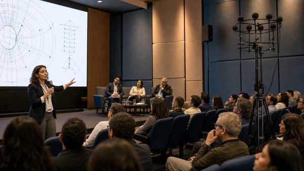 Investigadora explica mediciones acústicas ante un auditorio técnico y un panel.