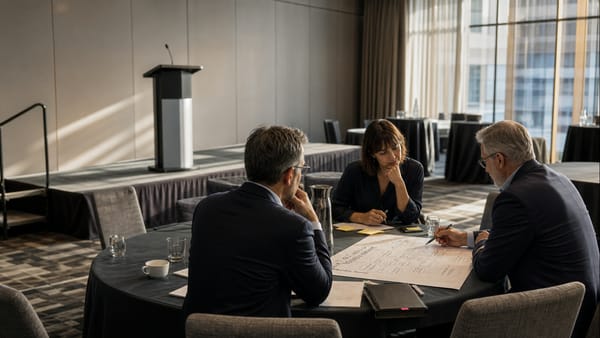 Tres líderes revisan decisiones en una mesa junto a un escenario vacío después de una conferencia corporativa.