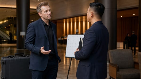 Speaker y productor conversan sobre el alcance de una oportunidad en el lobby de un evento.