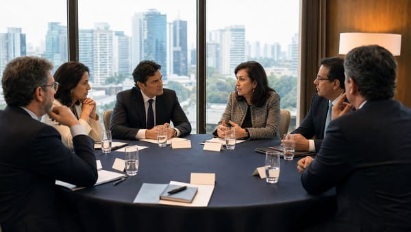 Mesa redonda de ejecutivos antes de una conversación sobre infraestructura y financiación tecnológica en São Paulo.