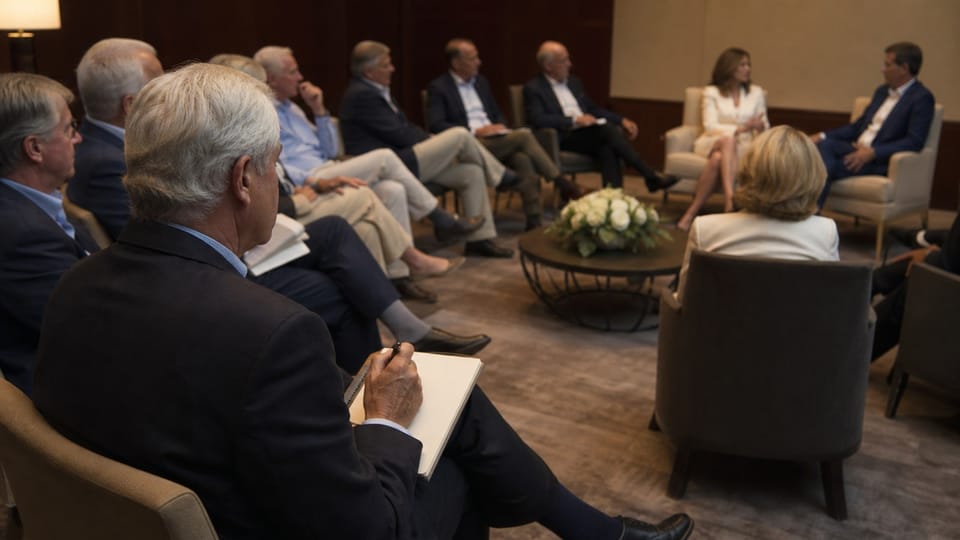 Audiencia ejecutiva reducida escucha una conversación moderada en un encuentro corporativo.