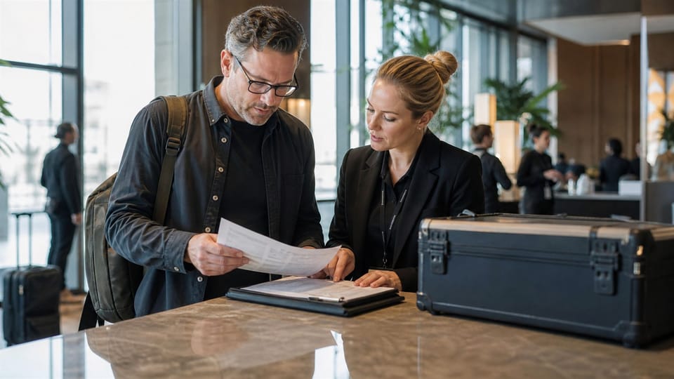 Coordinador y speaker revisan logística, itinerario y alcance en la llegada a un evento corporativo.