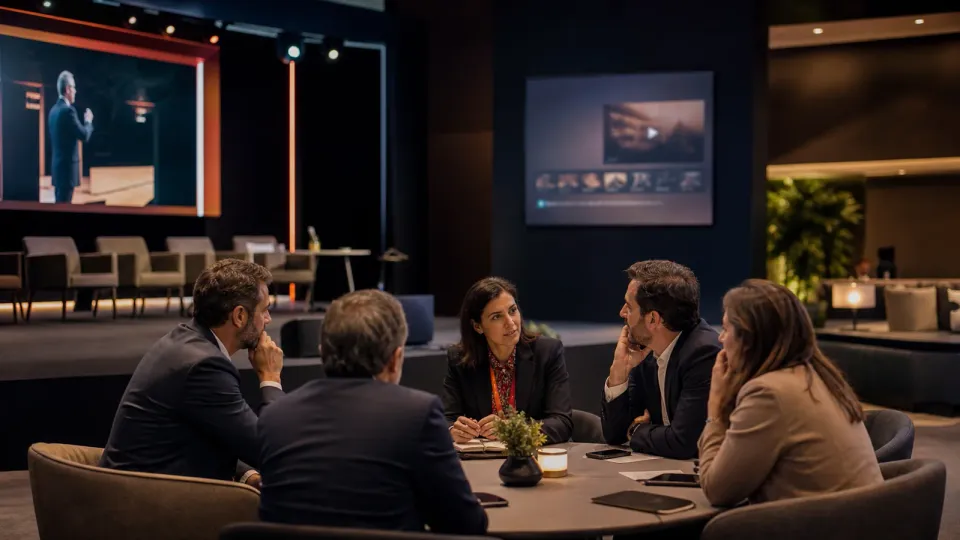 Ejecutivos conversando después de una sesión mientras un escenario y una repetición de video quedan al fondo.