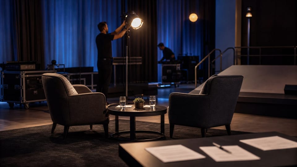 Dos sillones preparados para una conversación y un técnico ajustando luces antes de un evento corporativo.