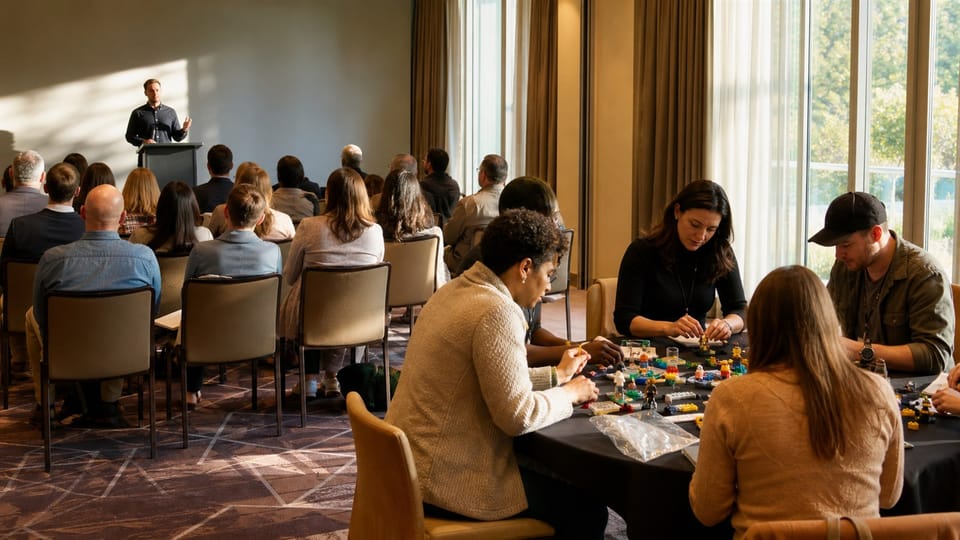Una keynote y una mesa de trabajo muestran dos formatos distintos dentro de un mismo evento corporativo.